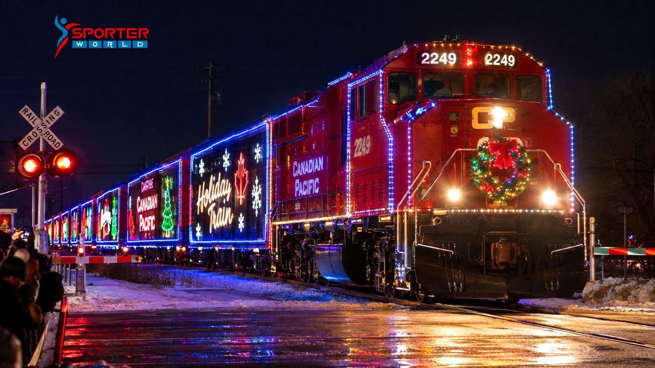 Canadian Pacific Holiday Train lit up at a nighttime stop