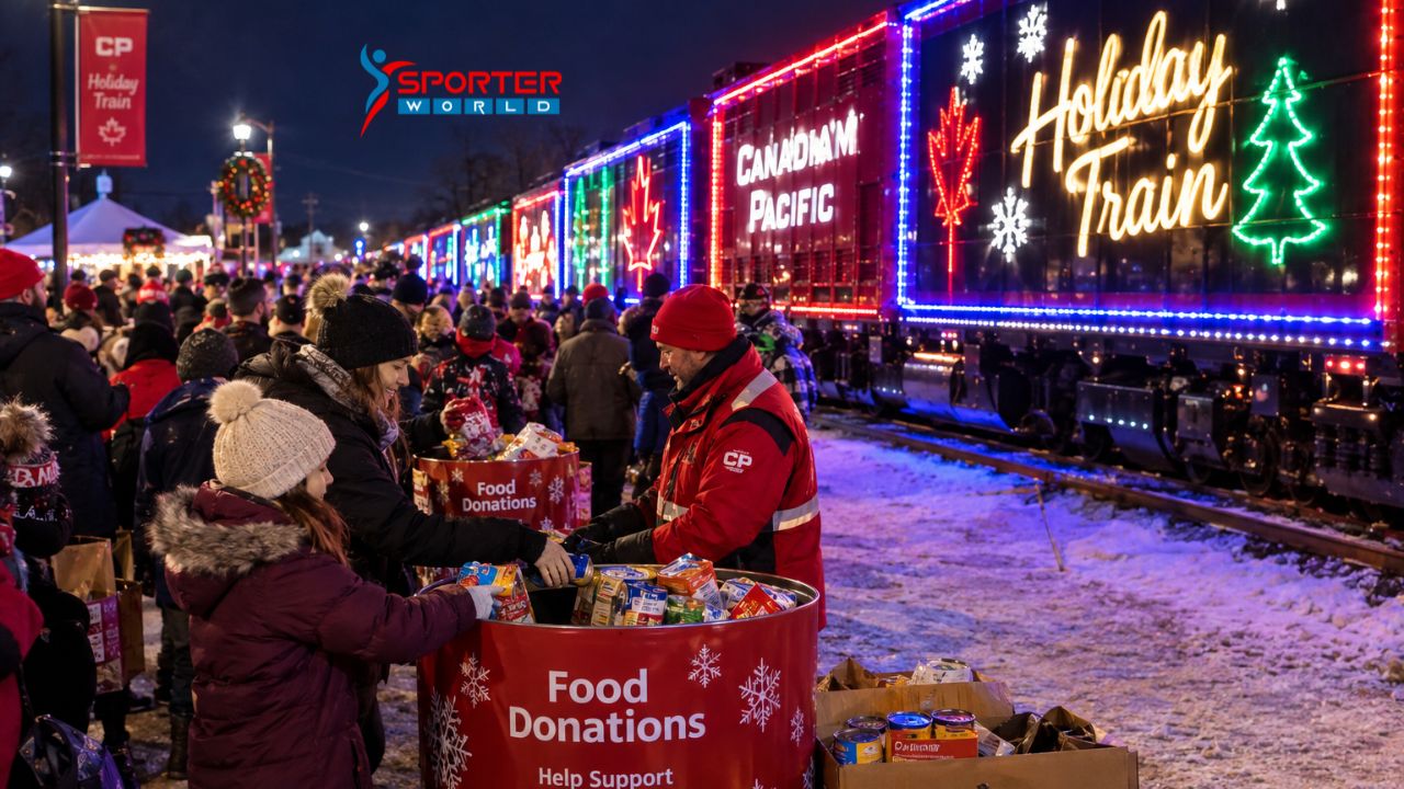 Community members donating food at a Canadian Pacific Holiday Train stop