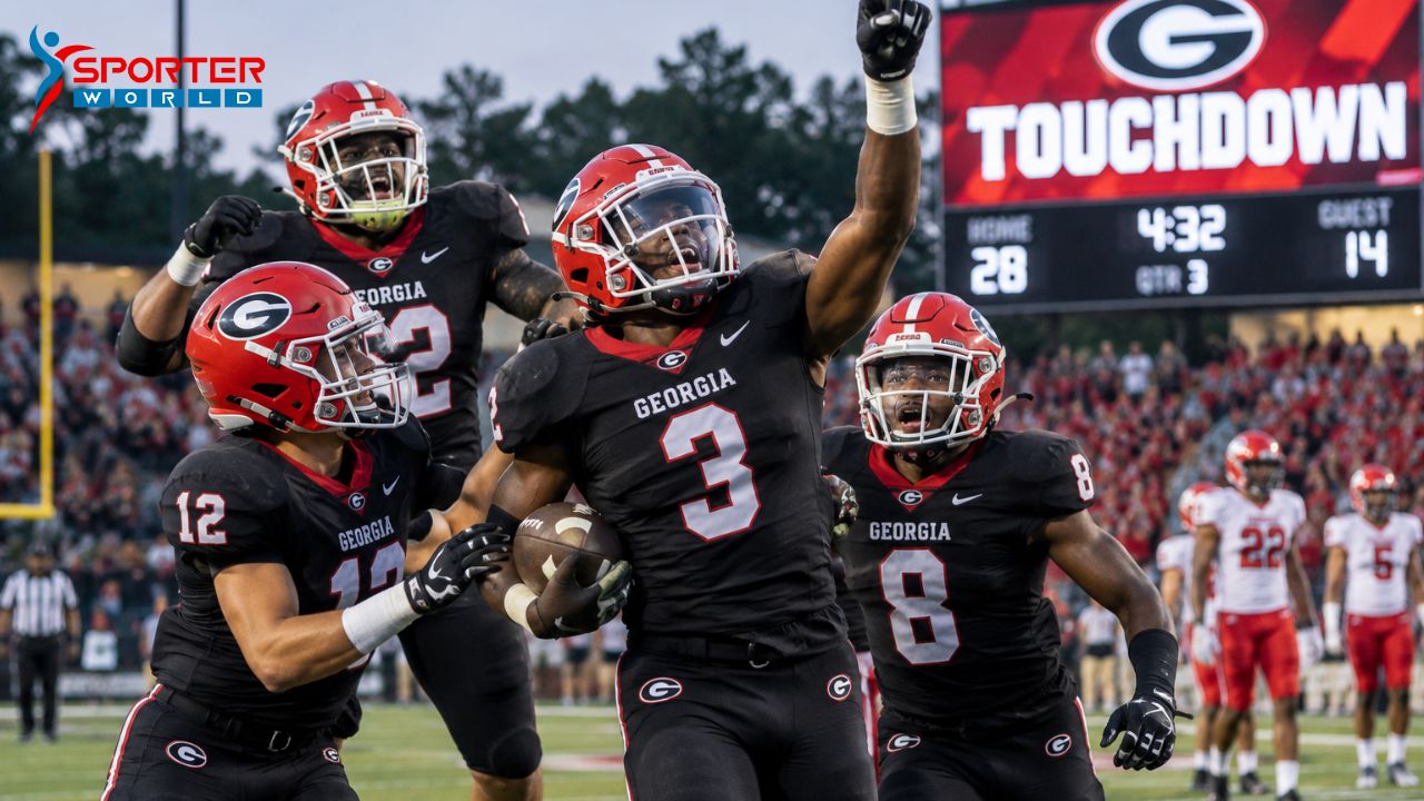 Georgia high school football players celebrating a touchdown on the field