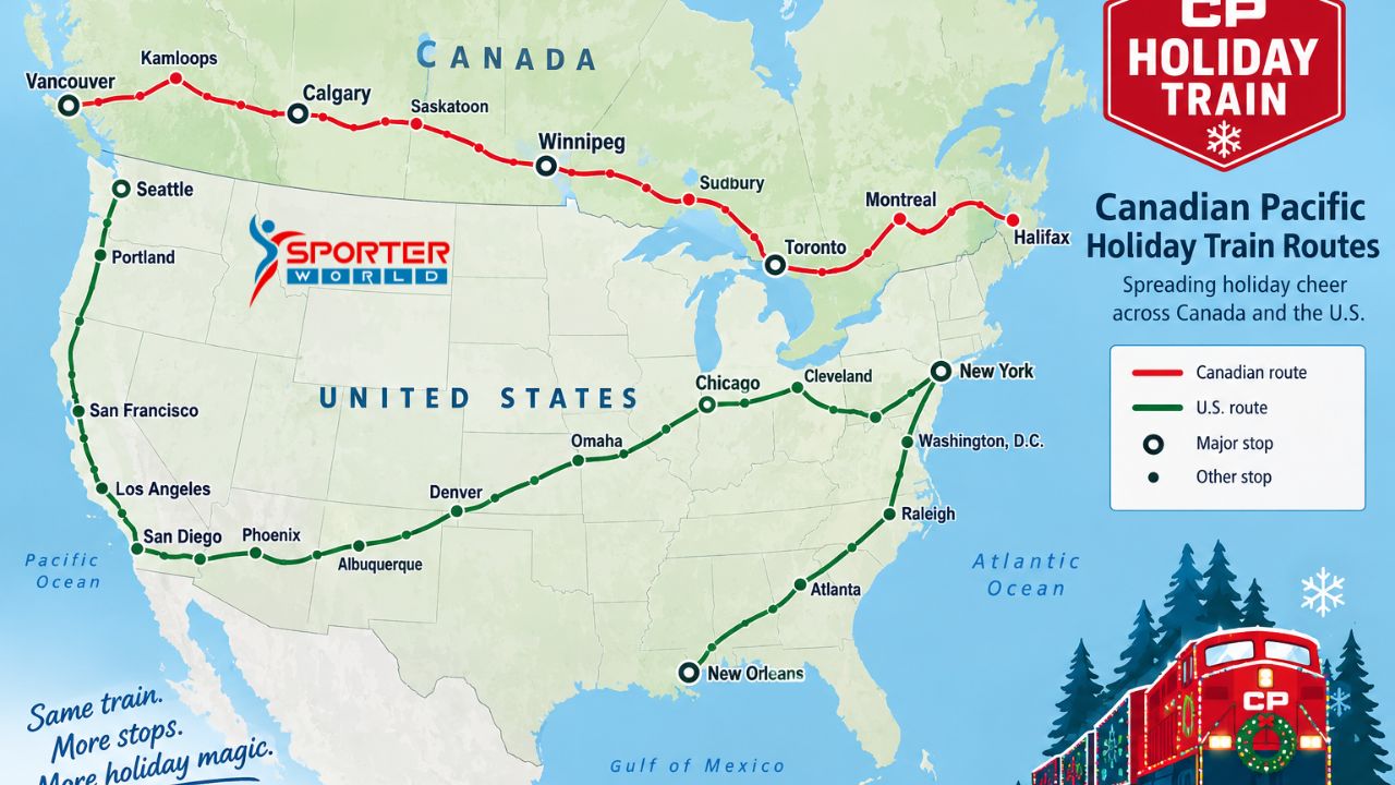 Map of Canadian Pacific Holiday Train routes across the U.S. and Canada