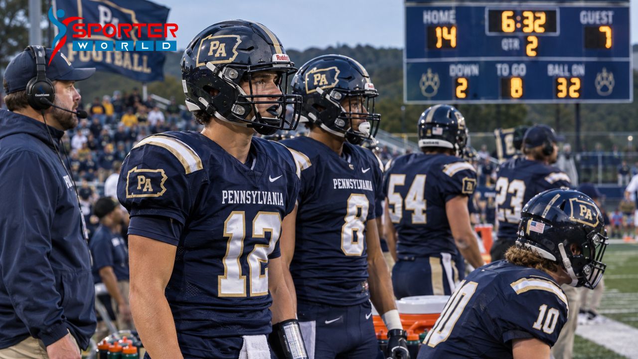Pennsylvania high school football players on the sideline during a game